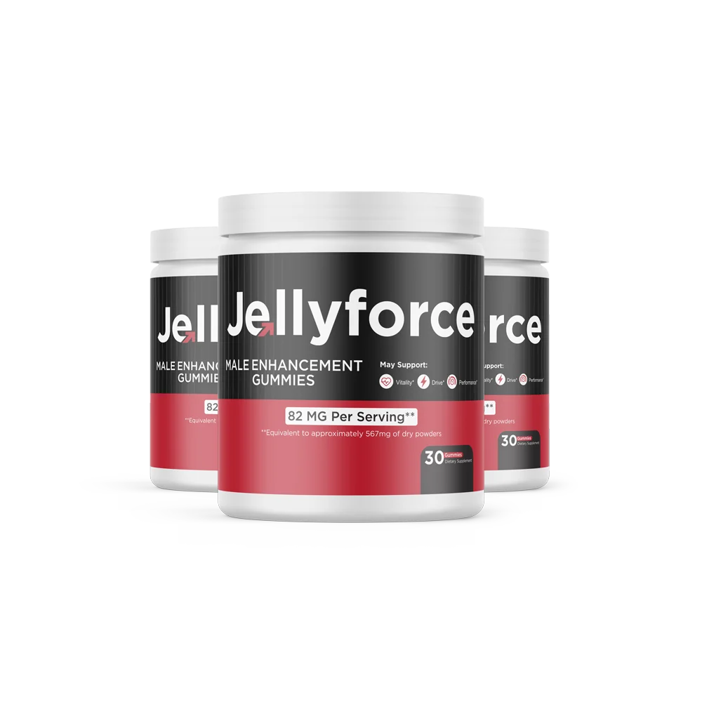 Three bottles of JellyForce mens-vitality and vitality support gummys